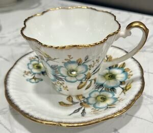 Vintage Salisbury Teacup Set Blue Blossoms Pattern 3575 Gold Gilt Aqua/Turquoise